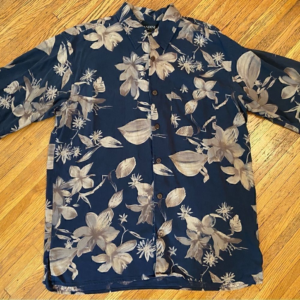 Brandini pure silk navy floral Hawaiian short sleeve button down polo